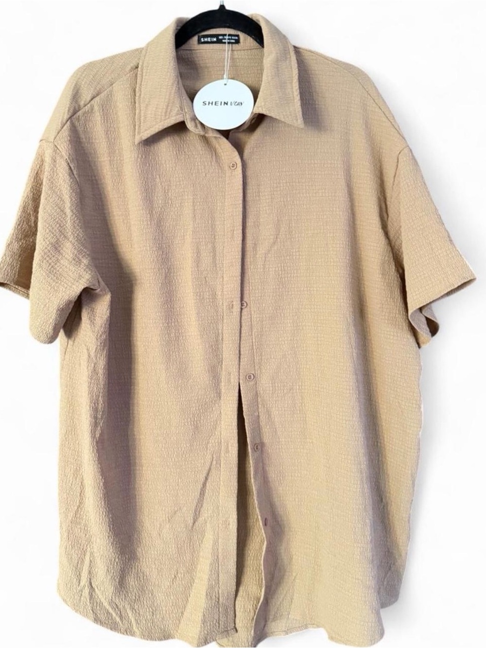 SHEIN VCAY Textured Tan Button-Up Shirt – Size Large